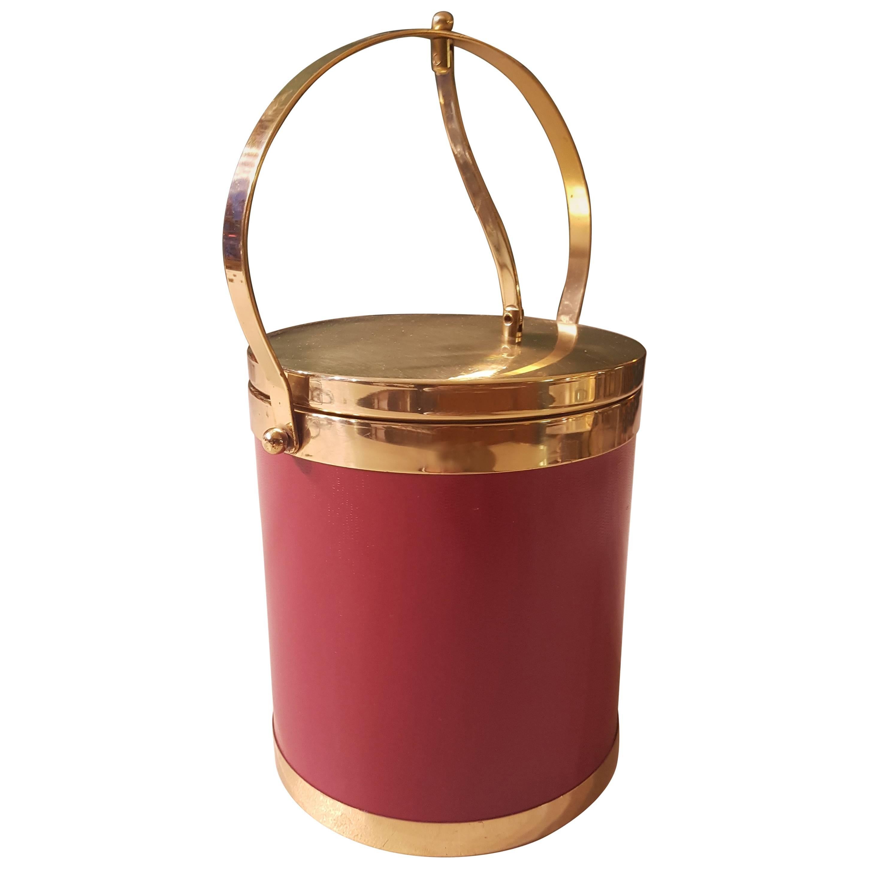 20th Century Belgian Red Ice Bucket Made of Brass and Imitation Leather, 1970s For Sale