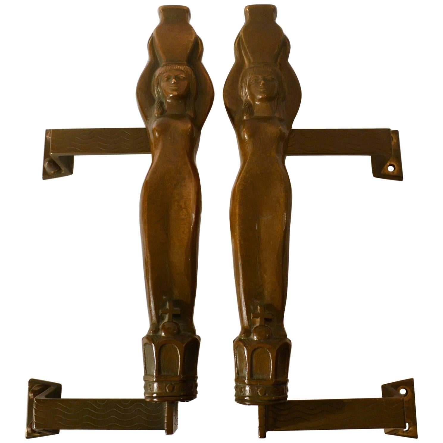 Pair of Large Art Nouveau Water Nymphe Bronze Push and Pull Door Handles