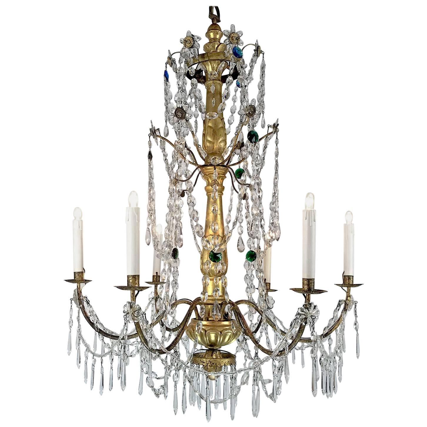 18th Century Italian Chandelier Genoese Empire Giltwood Crystal Pendant