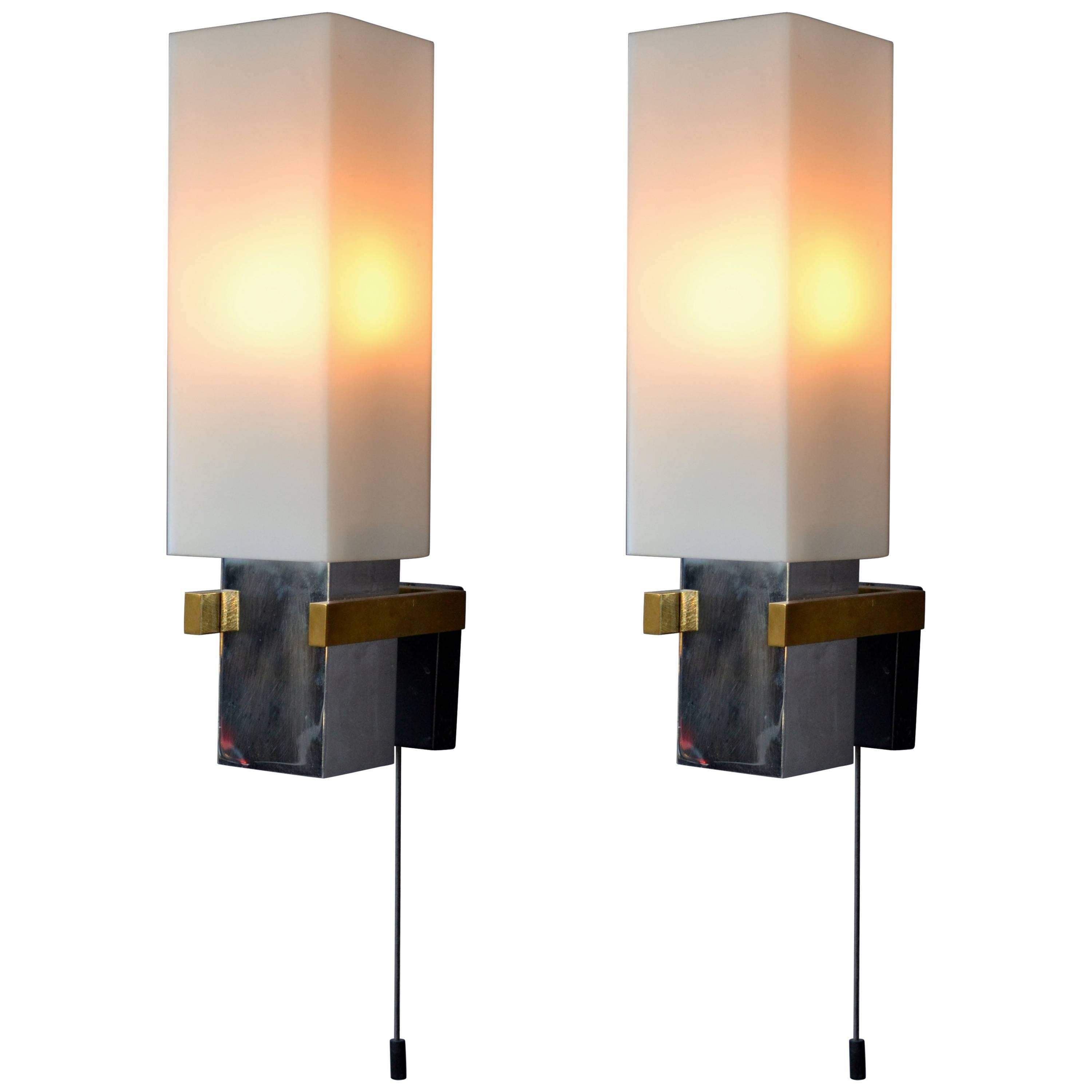 Pair of Square Opaline Glass Wall Lights Italian 1960's For Sale