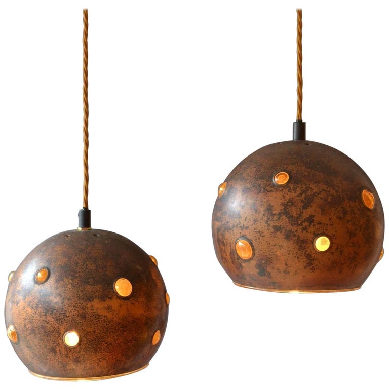 1960s Pair of Spherical Copper and Yellow Glass Pendant Lamps by Nanny
