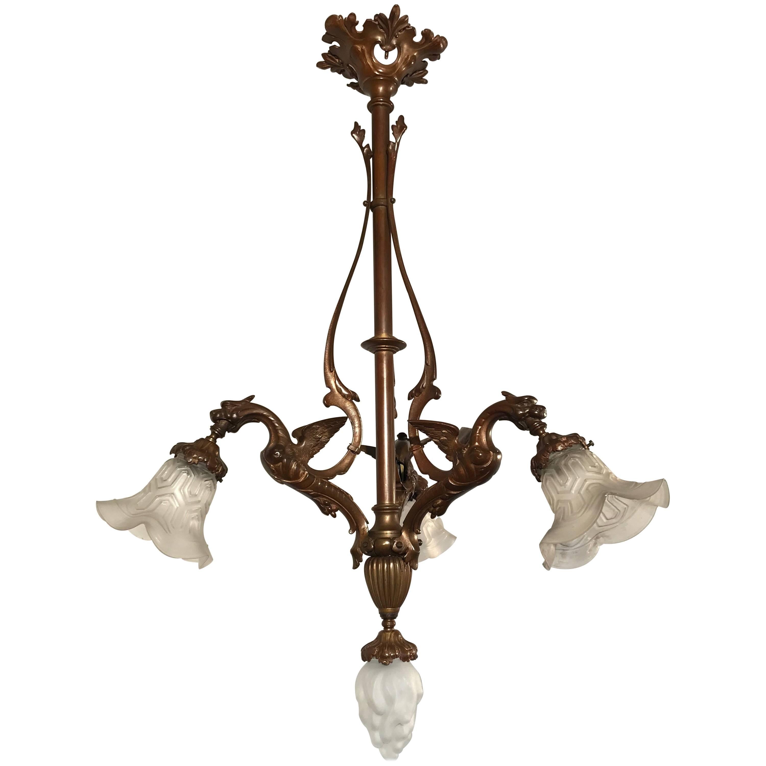 French Bronze Gothic Revival Four-Light Dragon Chandelier with Glass Shades