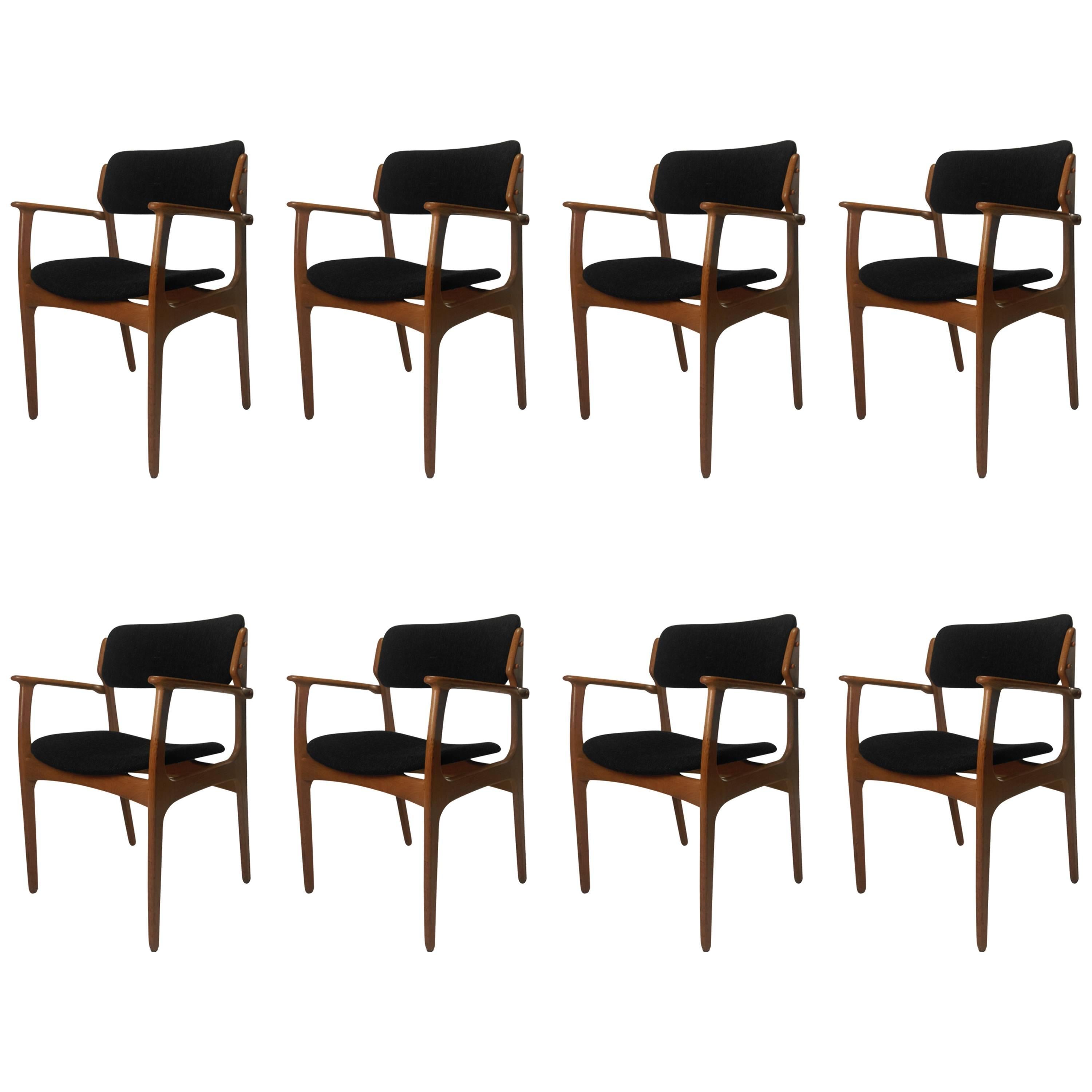 1950s Erik Buch Set of Eight Model 50 Armchairs in Oak and Black Fabric