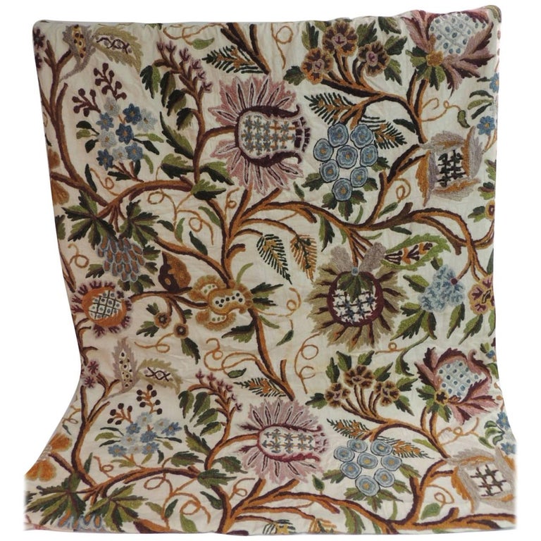 Vintage Crewel Work Large Floral Tree of Life Embroidery Linen Panel