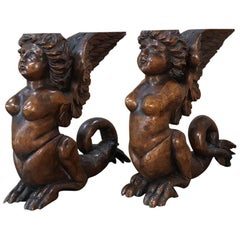 Pair of 19th Century Mythical Carved Walnut Sculptures for Bookends