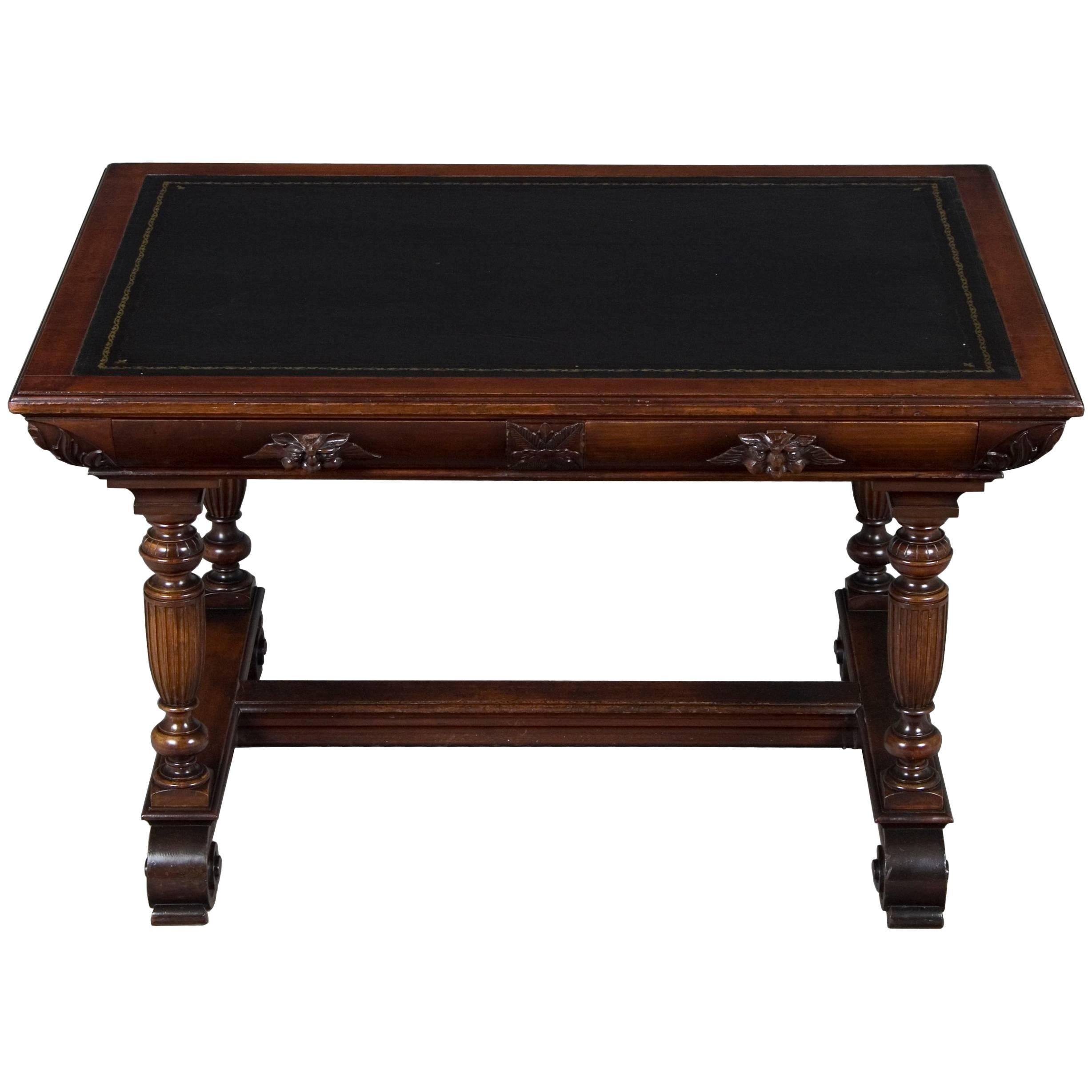Carved Mahogany Leather Top Library Table For Sale