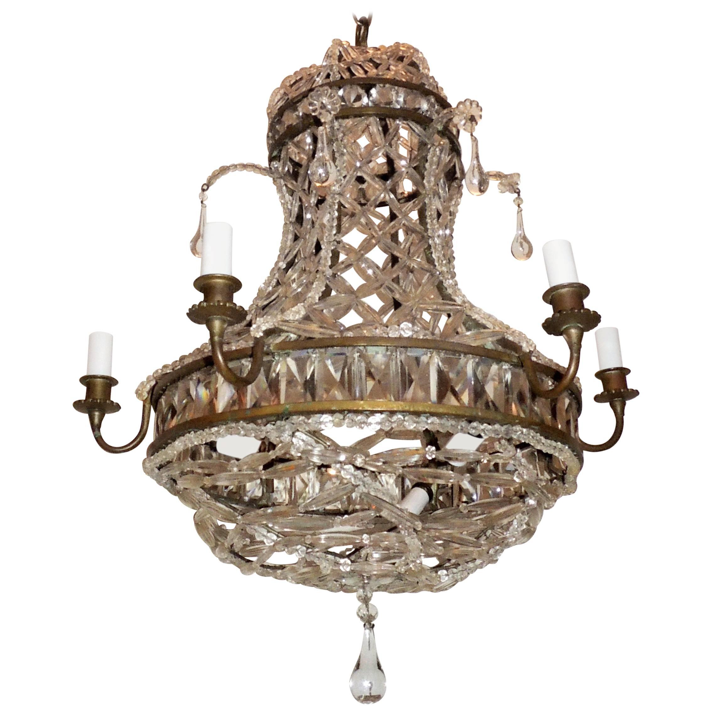 Wonderful French Bronze Crystal Lattice Beaded Basket Drop Chandelier Fixture For Sale