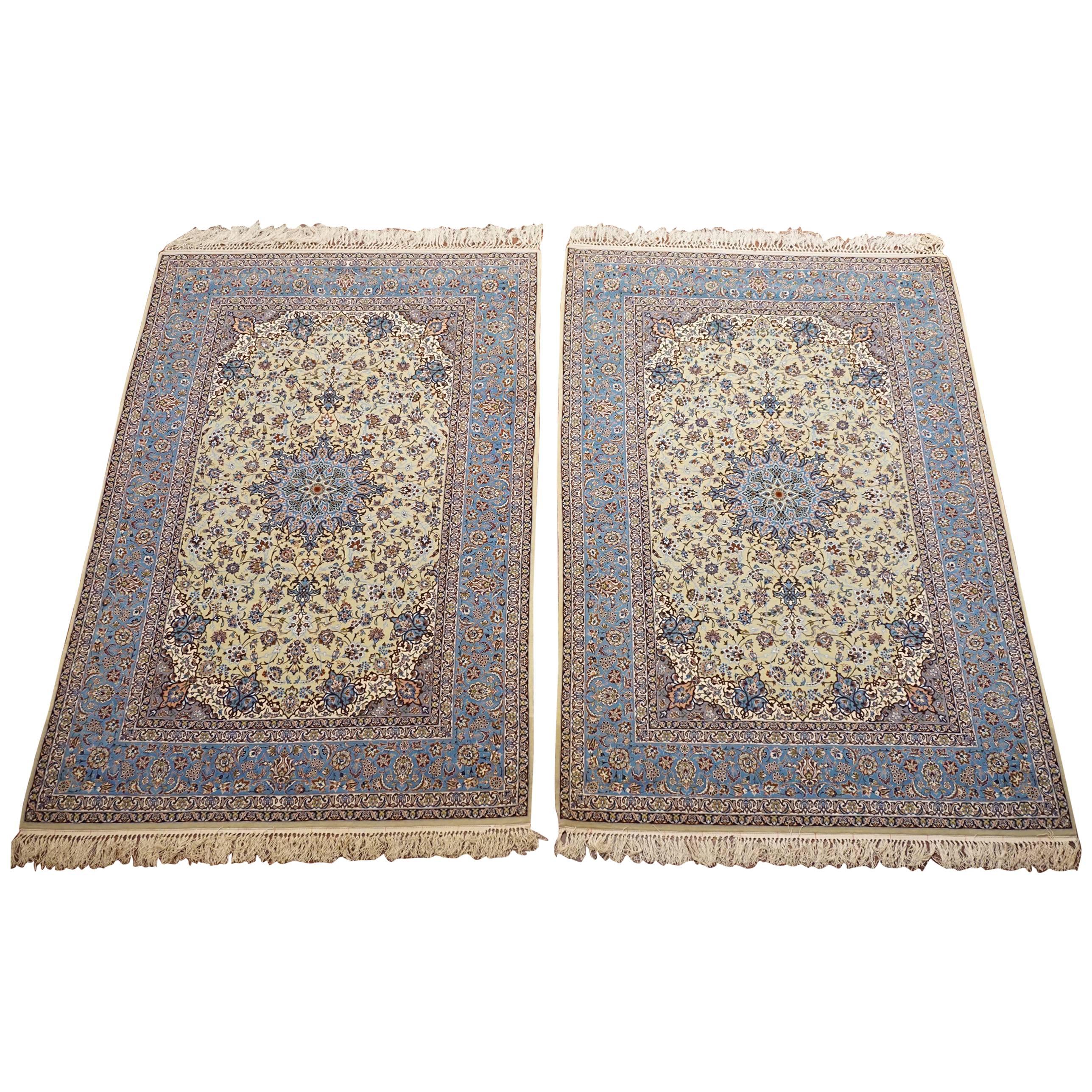 Pair of Vintage Wool and Silk Persian Isfahan Rugs For Sale