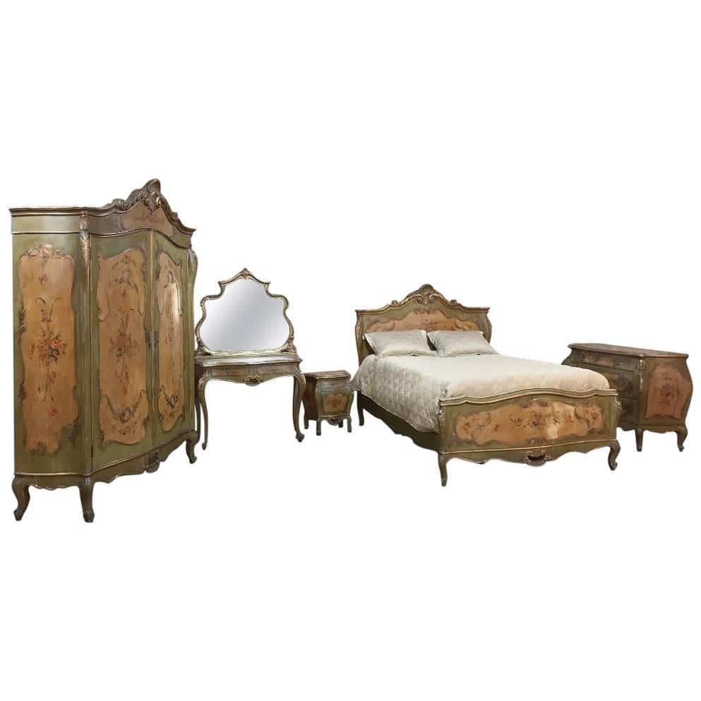 Antique Venetian Painted Baroque Five-Piece Italian Bedroom Suite