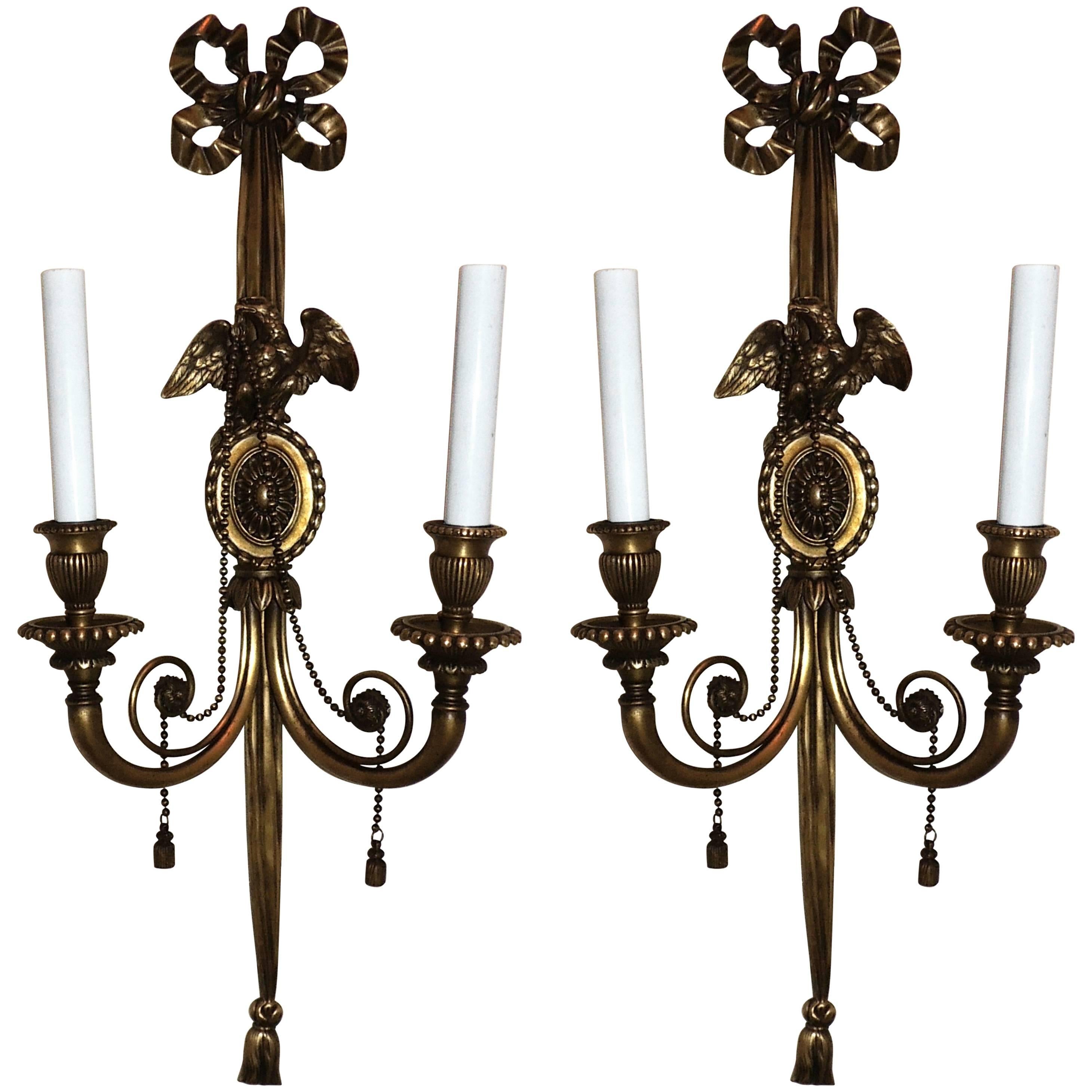 Wonderful Pair Bronze Neoclassical Empire Eagle Caldwell Bow Tassel Swag Sconces
