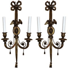 Wonderful Pair Bronze Neoclassical Empire Eagle Caldwell Bow Tassel Swag Sconces