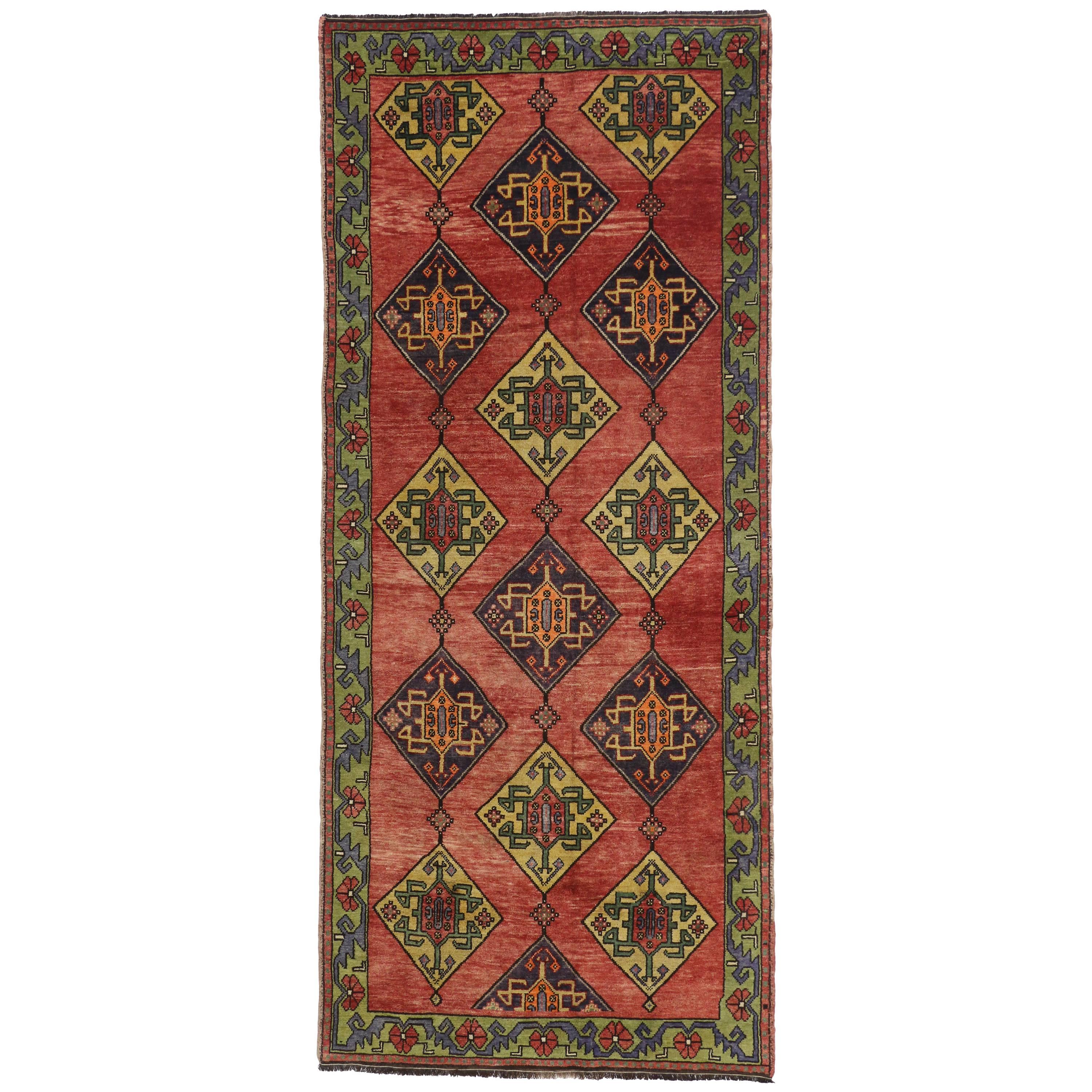 Vintage Turkish Oushak Runner with Art Deco Style, Wide Tribal Hallway Runner For Sale