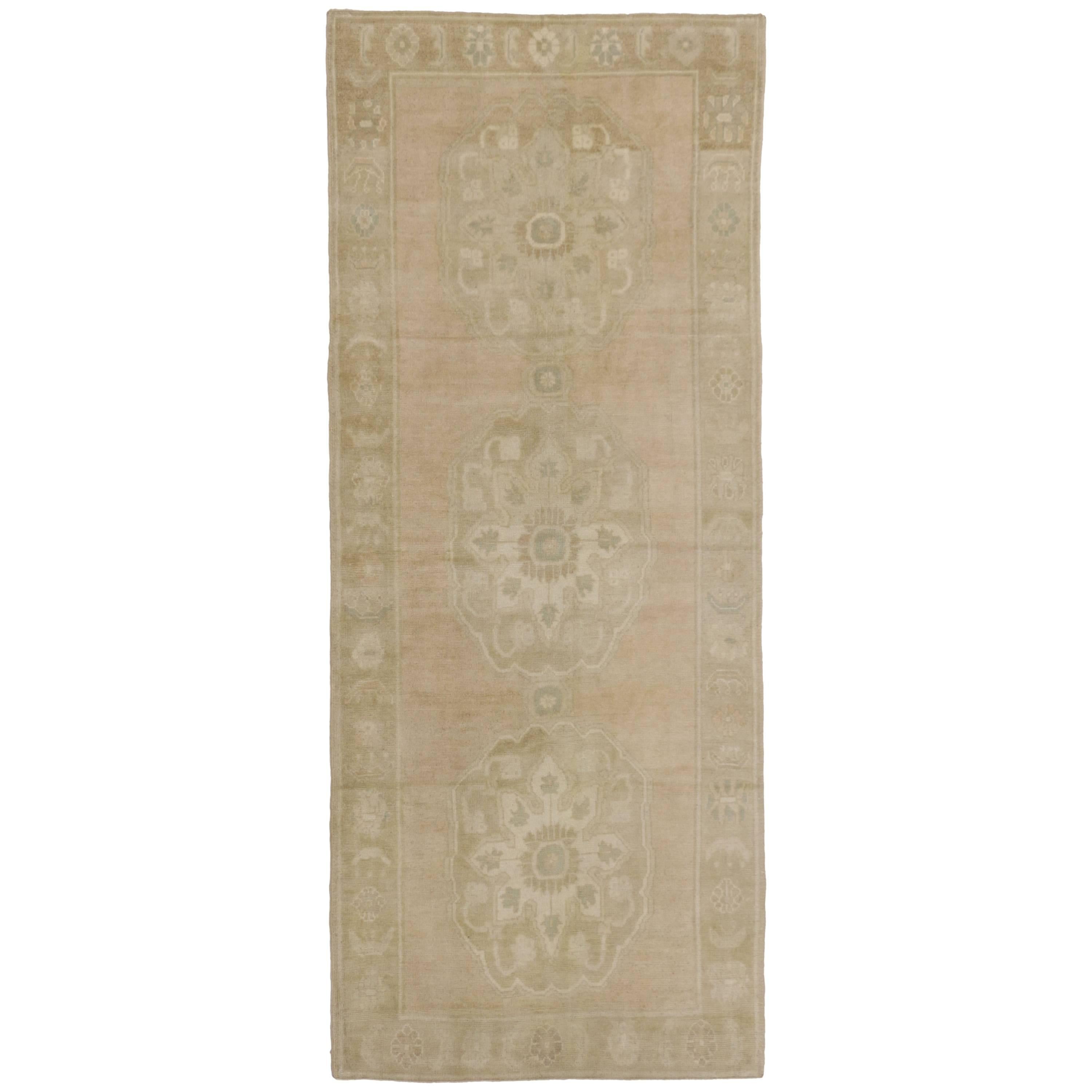 Vintage Turkish Oushak Runner with Muted Colors