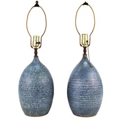Mid-Century Modern Egg-Shaped Blue Pottery Table Lamps