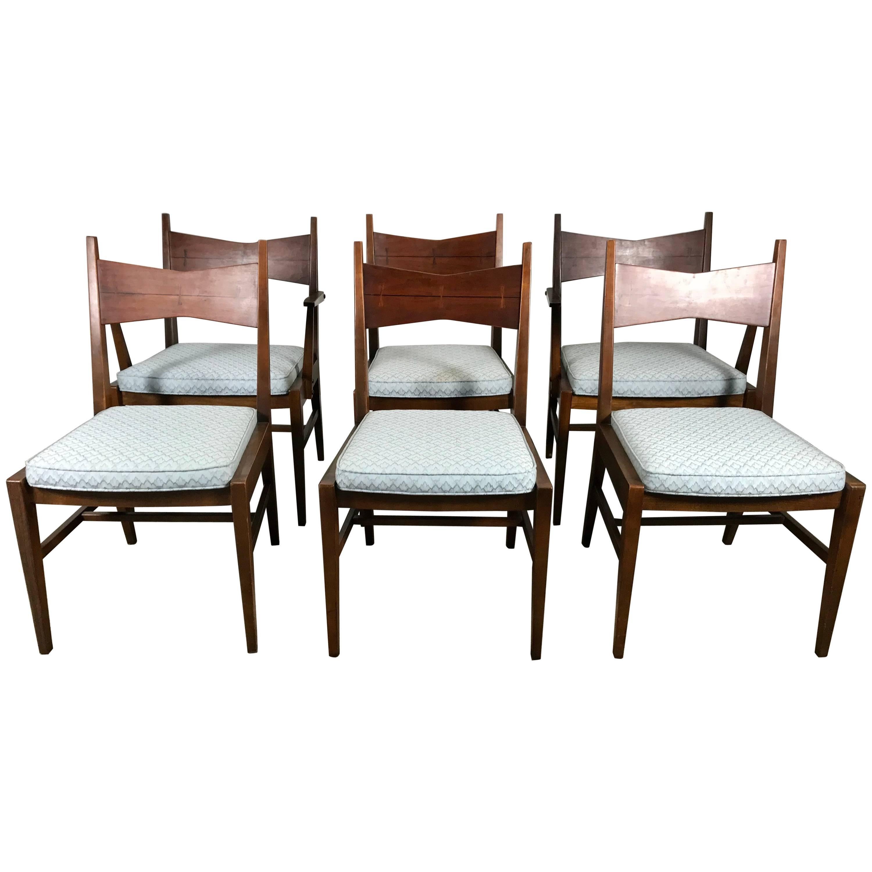 Set of Six Mid-Century Modern Dining Chairs, Lane Tuxedo, Butterfly Inlay