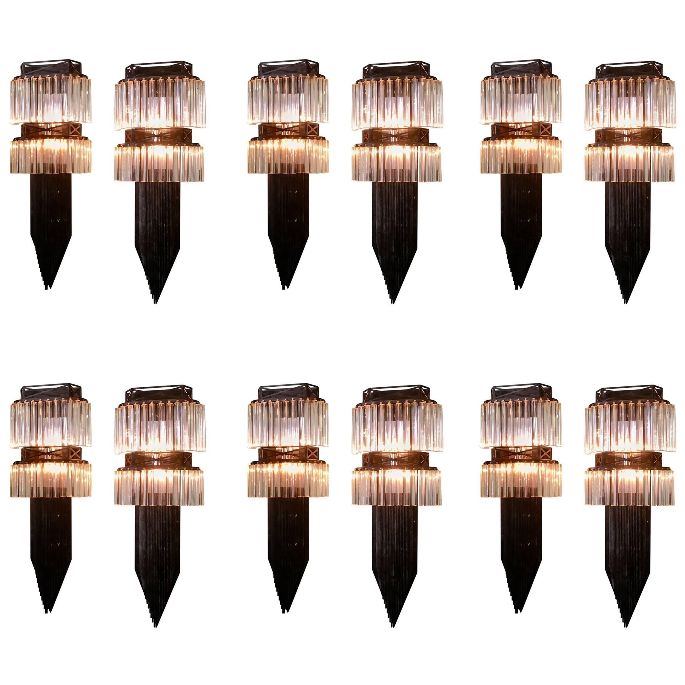 12 Matching Wall Sconces, Custom-Made Brutalist Iron and Venini Crystals