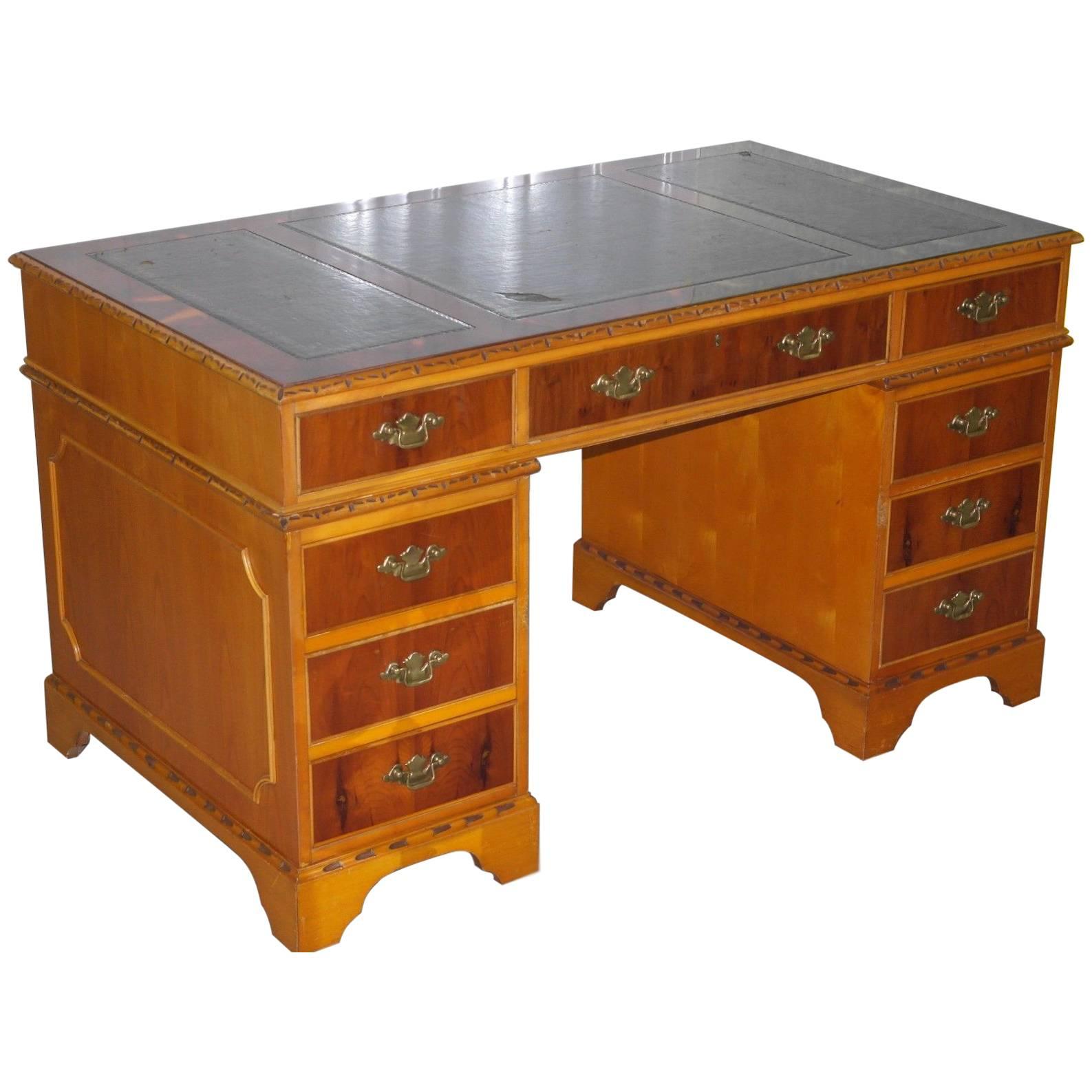 35 Year Old Premium Twin Pedestal Yew Wood Partner Desk Leather Writing Surface