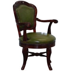 Vintage Green Leather with Gold Tooling Mahogany Captains Swivel Office Chair