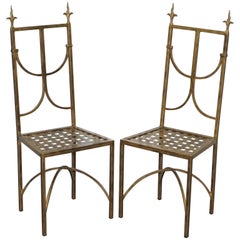 Pair of French Solid Metal Gold Leaf Painted High Back Chairs Hollywood Regency