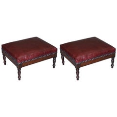 Lovely Pair of Very Small Victorian Mahogany Footstools New Bordeaux Leather