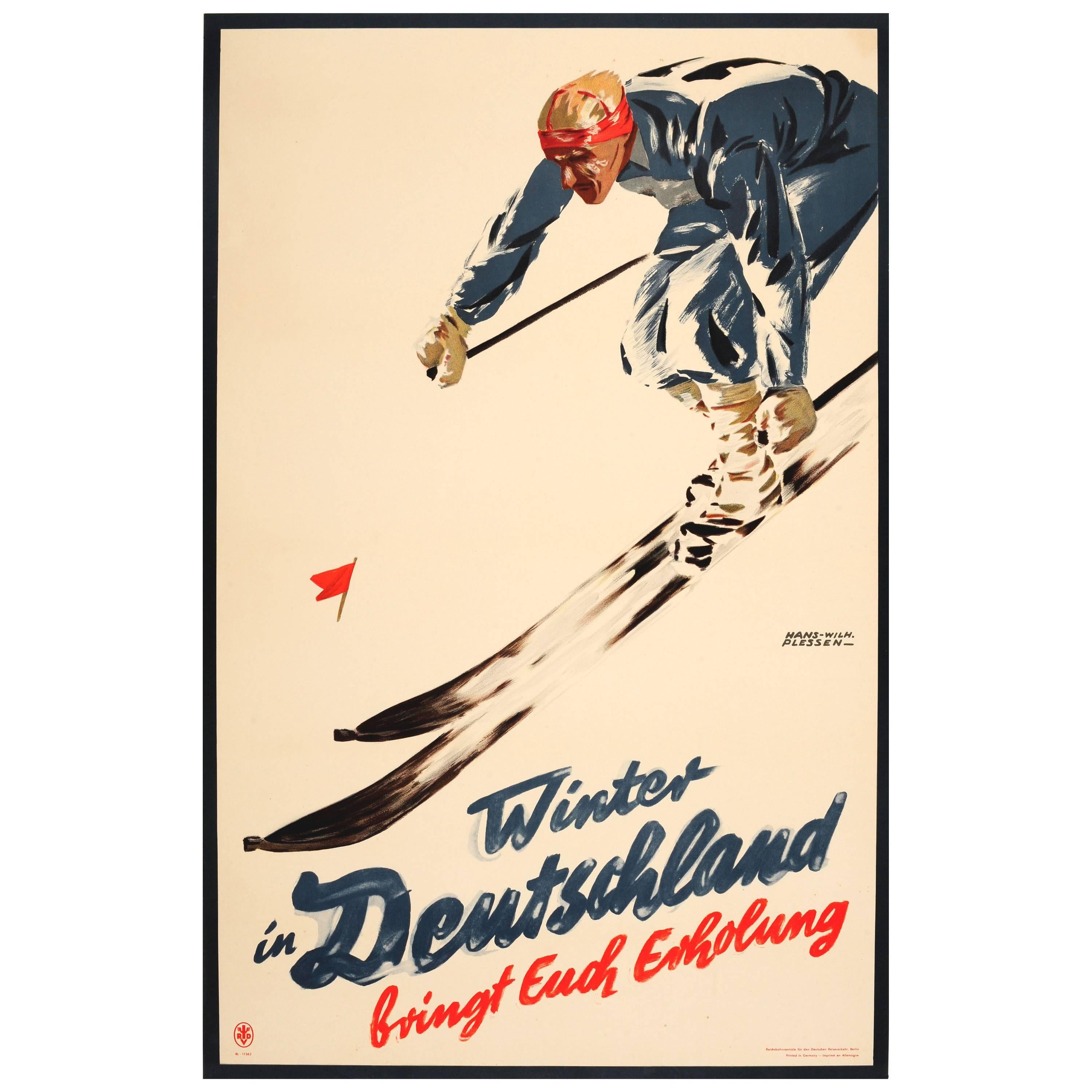 Original Vintage 1935 Winter in Germany Skiing Poster for Fun and Relaxation