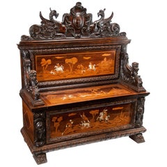 Fine 19th Century Northern Italian Marquetry Cassapanca or Hall Bench