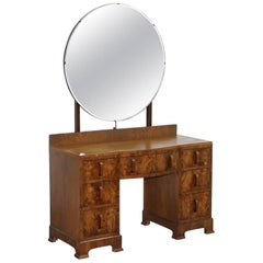 Ancienne table de toilette en noyer massif avec très grand miroir rond en verre d'origine