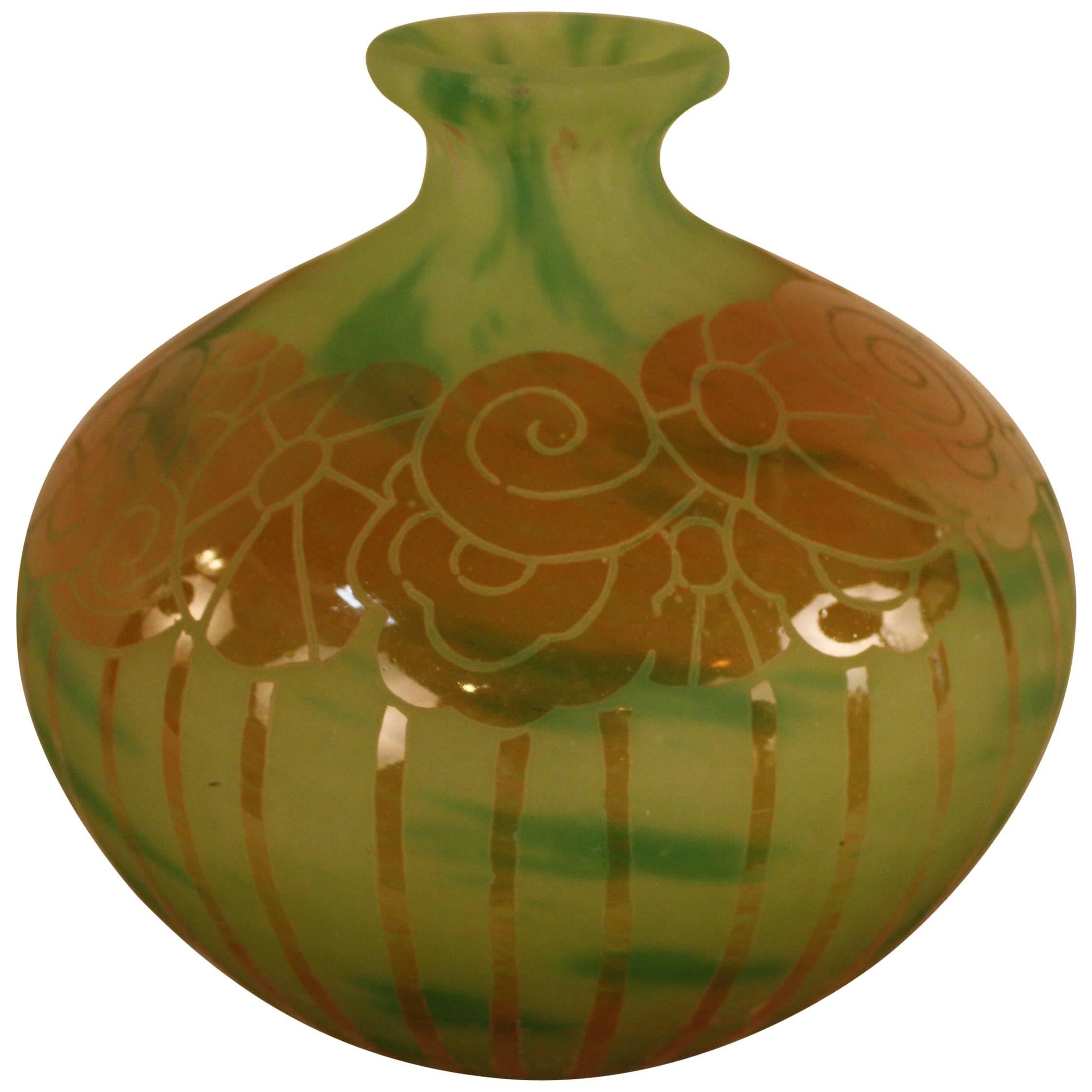 French Art Deco Acid-Etched Cameo Glass Vase by Le Verre Français