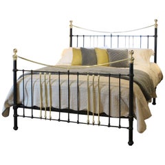 Antique Wide Cast Iron and Brass Bed in Black, MSK42