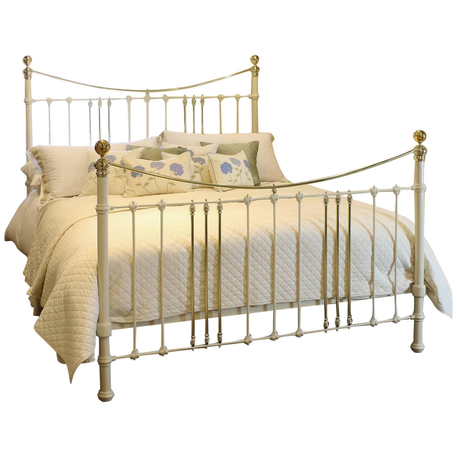 Wide Cast Iron and Brass Bed in Cream, MSK43