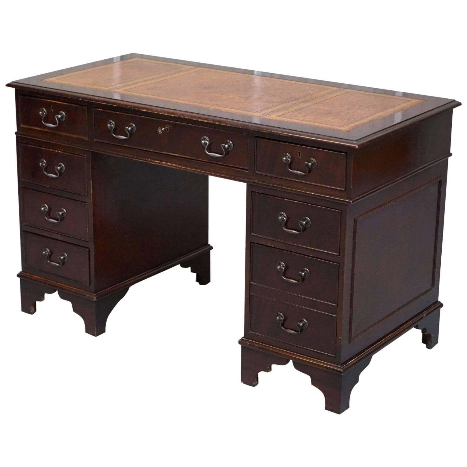 Premium Twin Pedestal Mahogany Partner Desk Leather Writing Surface Medium Brown