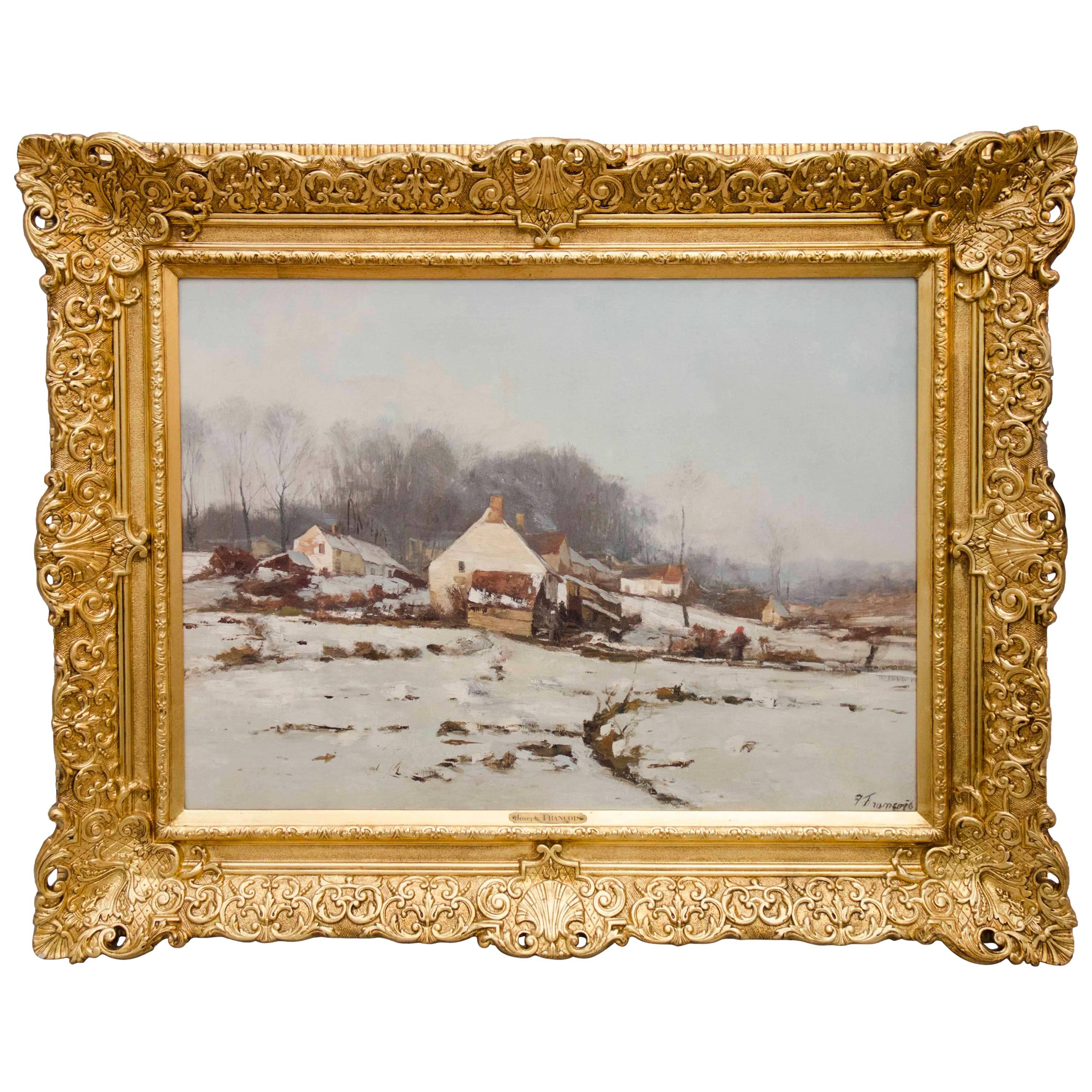 Late 19th Century Impressionist Winter Landscape, Francois Joseph Belgian School For Sale