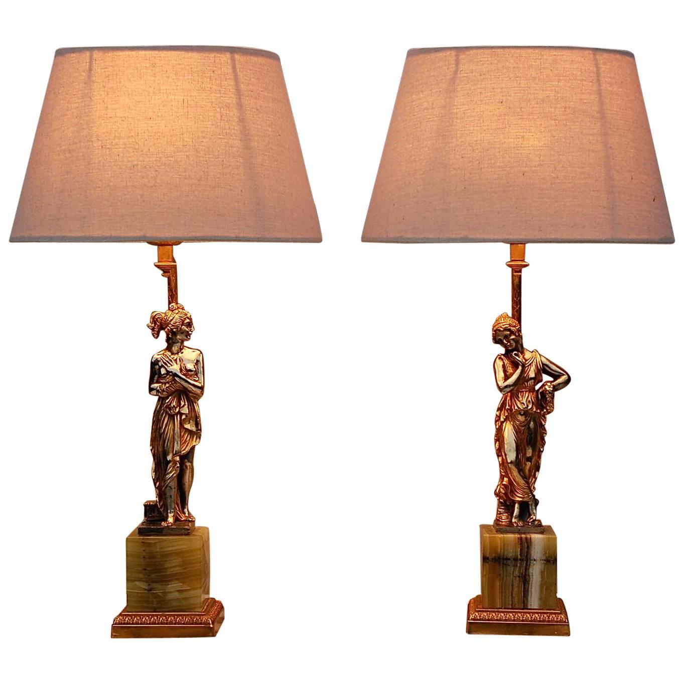 Pair of Roman Figure Table Lamps on Striped Onyx Base, Italy, 1970s