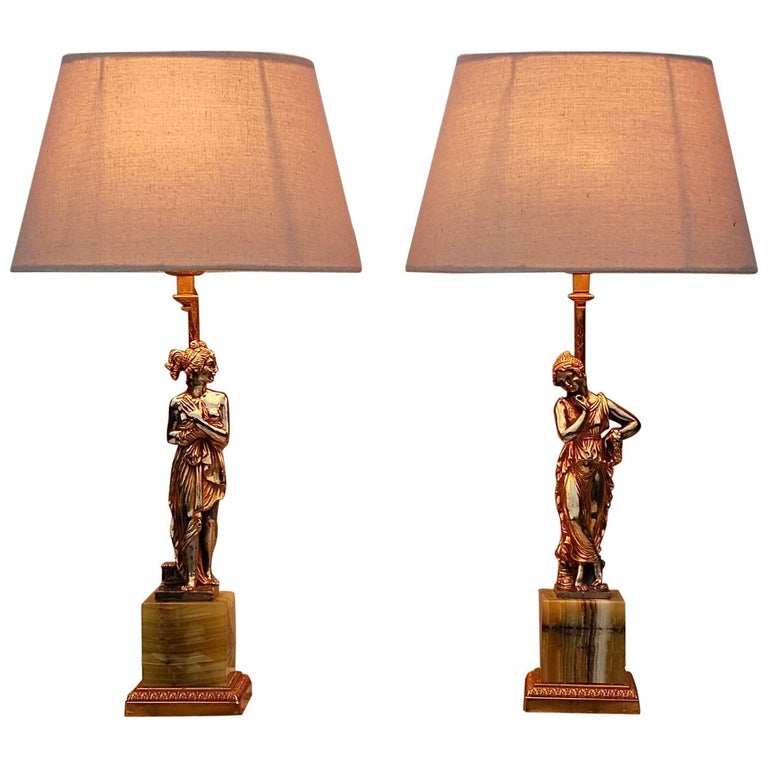 Pair of Roman Figure Table Lamps on Striped Onyx Base, Italy, 1970s at