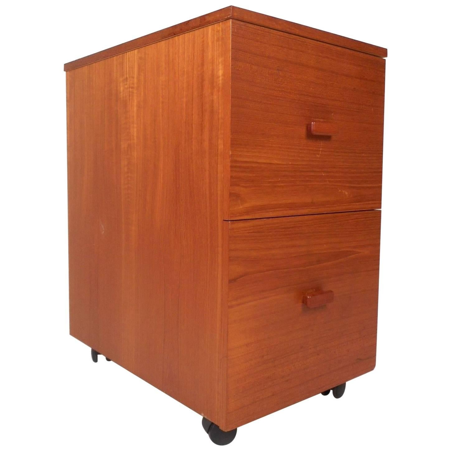 Mid-Century Modern Small Teak Rolling File Cabinet