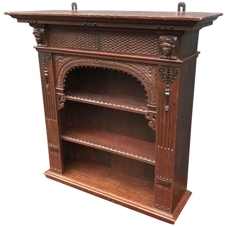 Antique Late 1800s Renaissance Revival Handcrafted Oak Hanging Wall