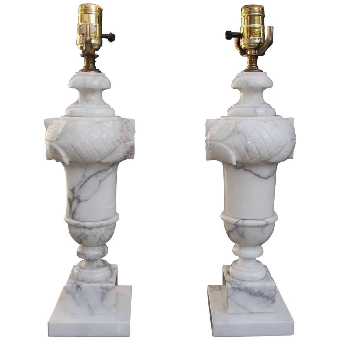 Pair of Italian Hand-Carved Prussion Marble Floral Lamps, Circa 1880