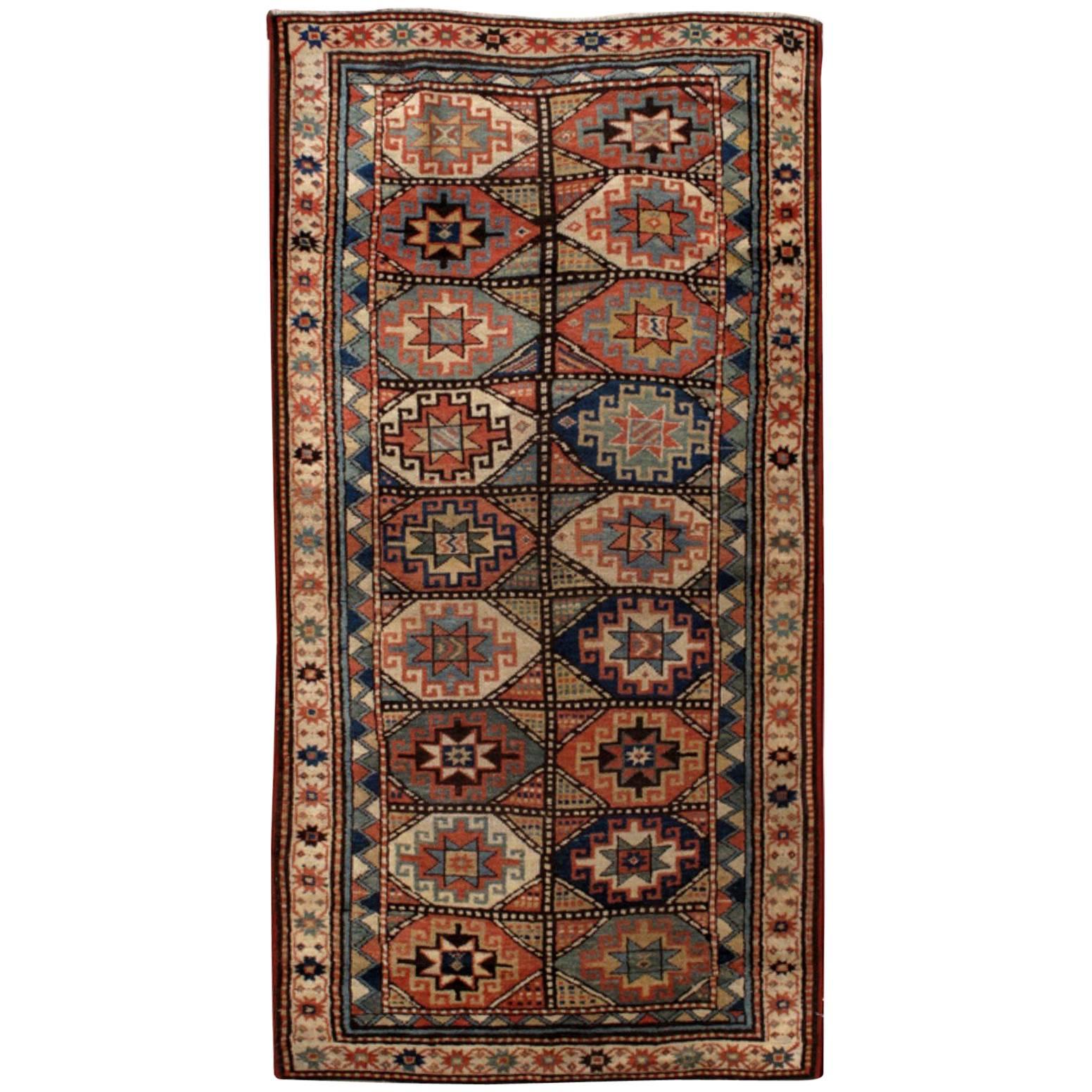 Handmade Antique Caucasian Kazak Mohan Rug, 1880s, 1B493