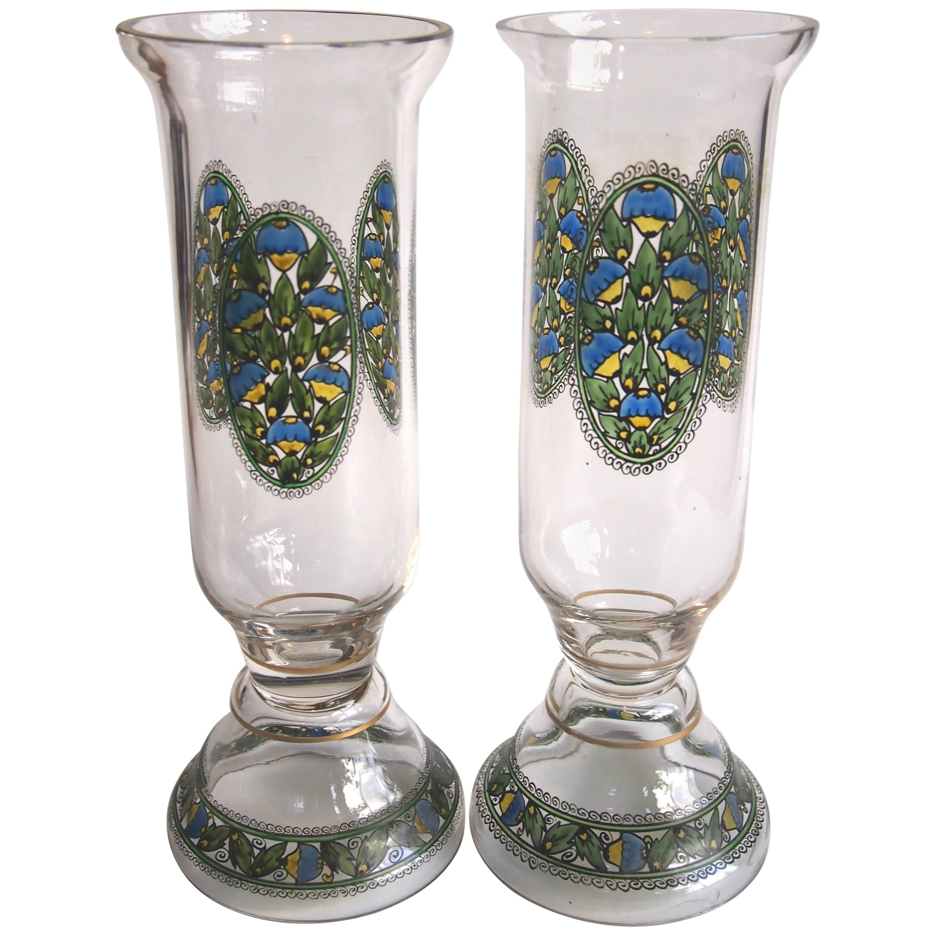 Bohemian Art Deco Pair of Fachschule Haida Enamel Glass Vases circa 1915 For Sale