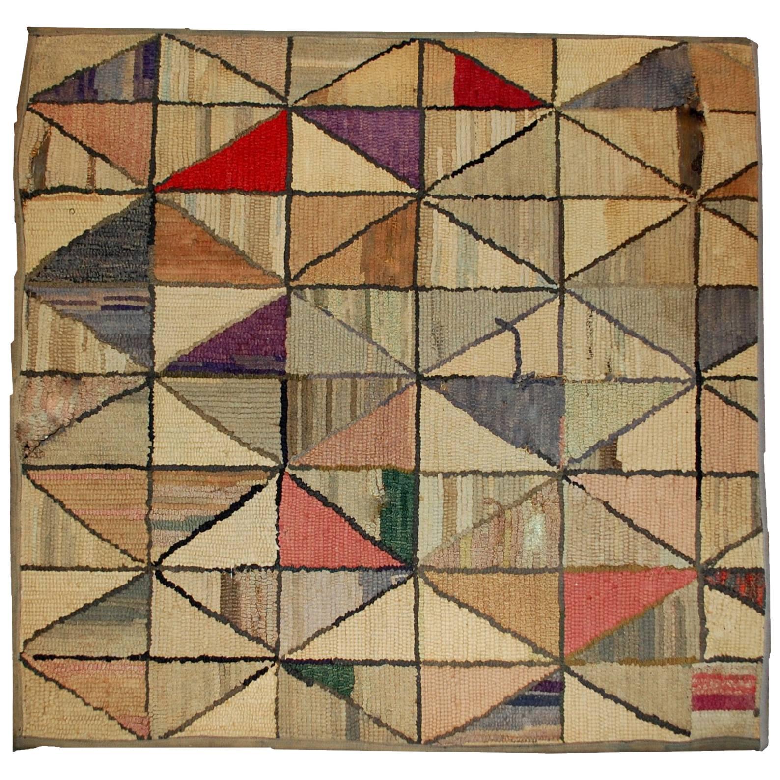 Handmade Antique Square American Hooked Rug, 1880s, 1B504