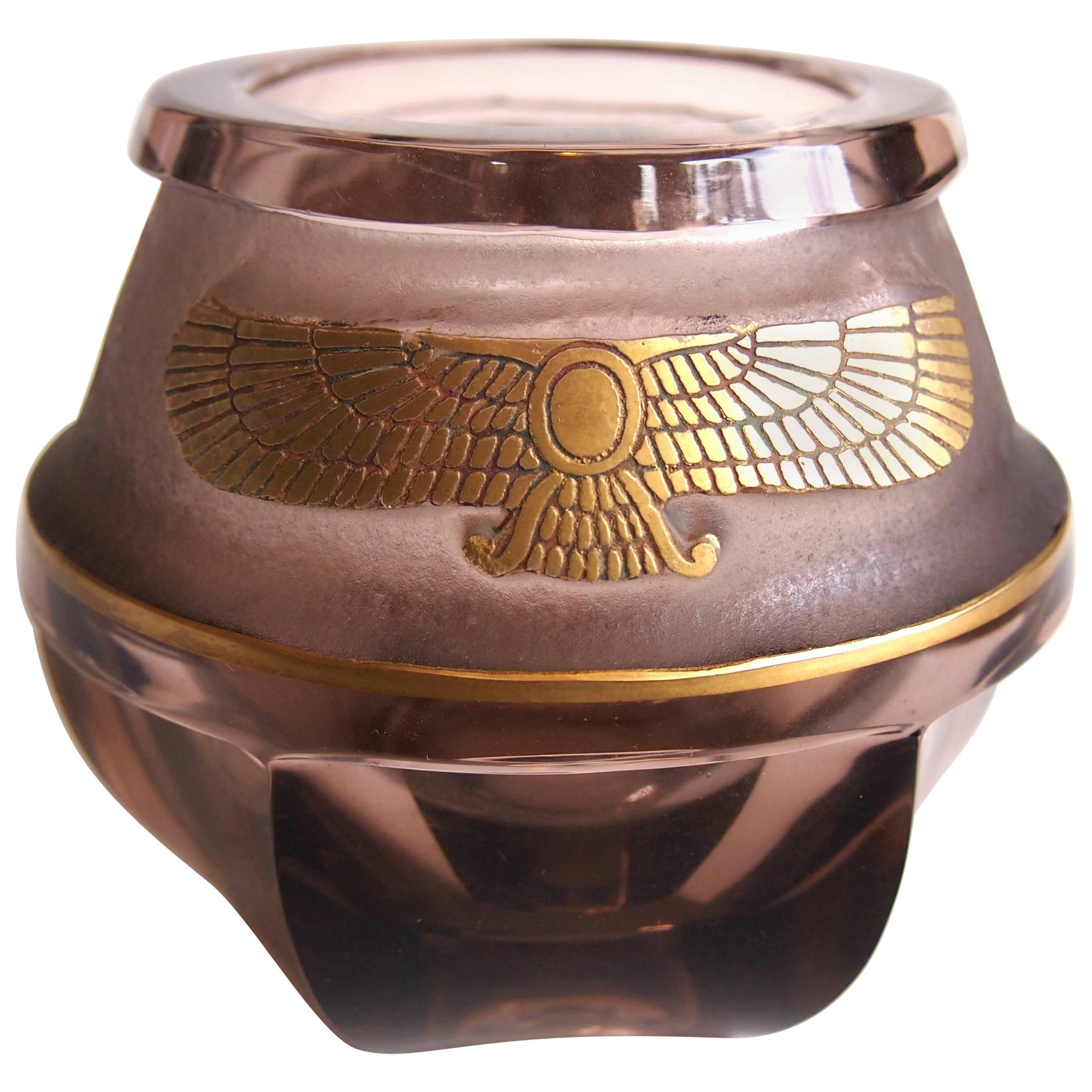 Czech Egyptian Revival Moser Deep Acid Etched Glass Vase 1937