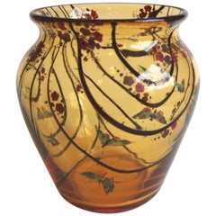 Vintage Art Deco Stuart Amber/Frond Enamelled Glass Vase w/Butterflies and Dragonflies