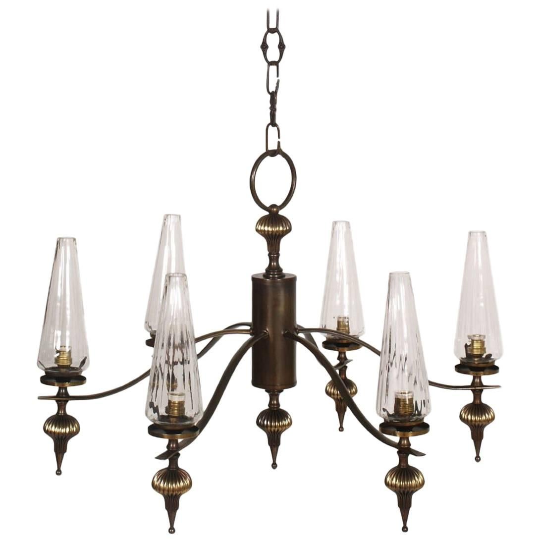 1930s Art Deco Six-Light Chandelier in Burnished Brass and Venini Murano Glass