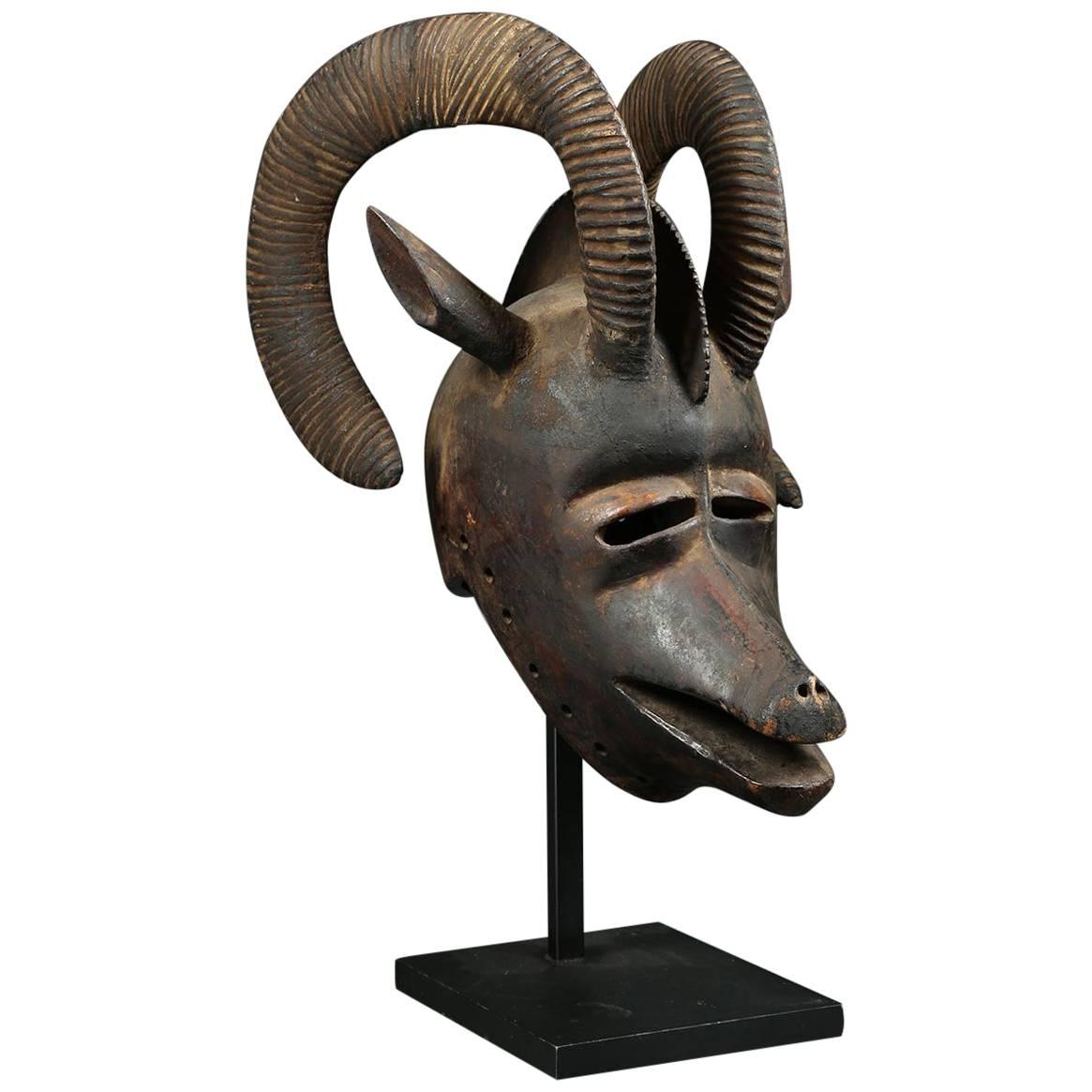 African Bobo ‘Burkina Faso’ Large Tribal Ram Helmet Mask with Curved Horns