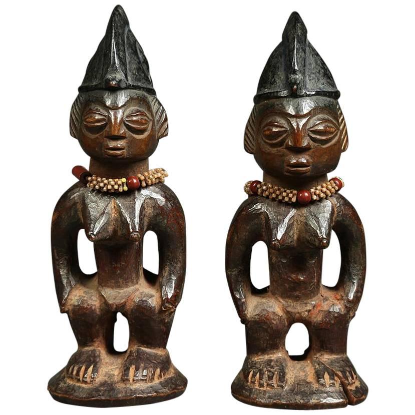 Pair of African Yoruba Ibeji "twin" Tribal Figures with Beaded Necklaces