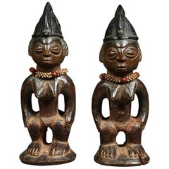 Pair of African Yoruba Ibeji "twin" Tribal Figures with Beaded Necklaces