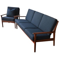 Mid-Century Modern Teak Frame Sofa & Lounge Chair in Wool by Svegards Markaryd