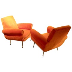 Italian, 1950s Orange Velvet Pair of Armchairs