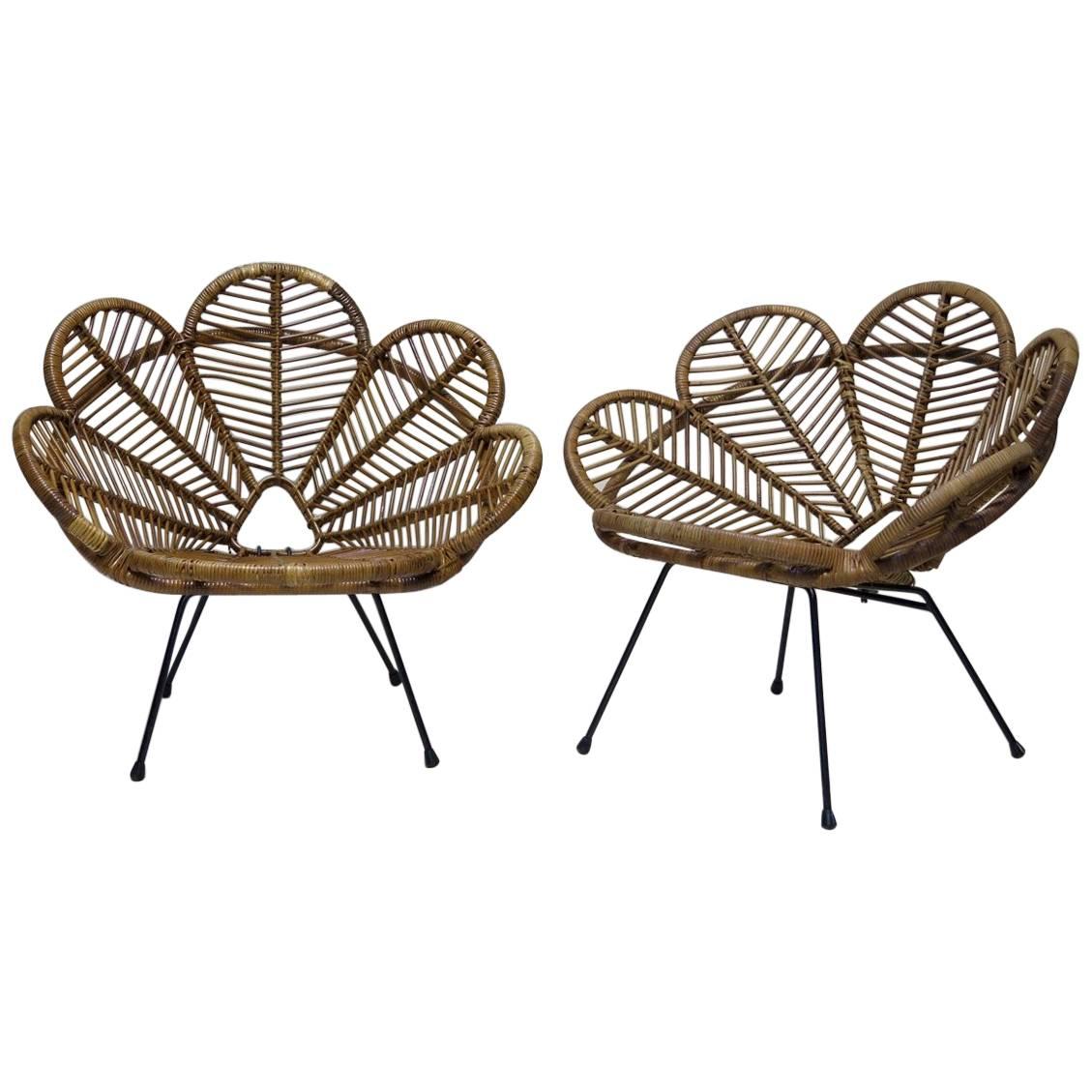 "Flower Petal" Rattan and Iron Lounge Chairs, France, 1950s