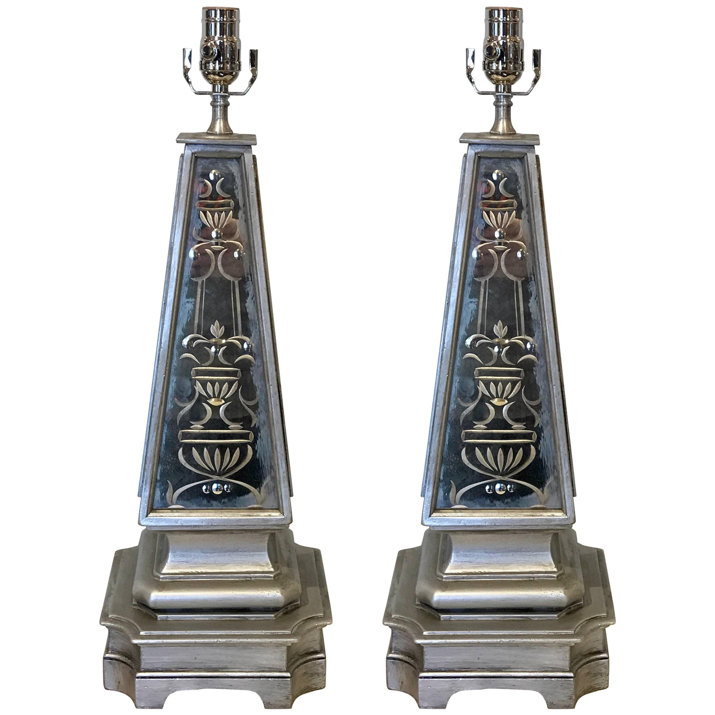 Pair of Silvered and Engraved Mirror Obelisk Lamps For Sale